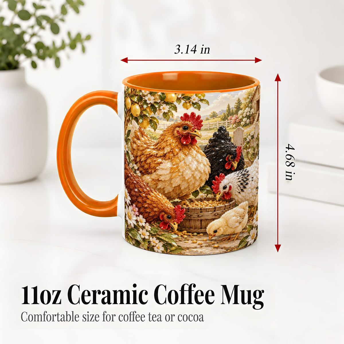 #pl[11oz|Orange] Farm Chicken Accent Mug, Hen Chick Floral Country Farm Artwork