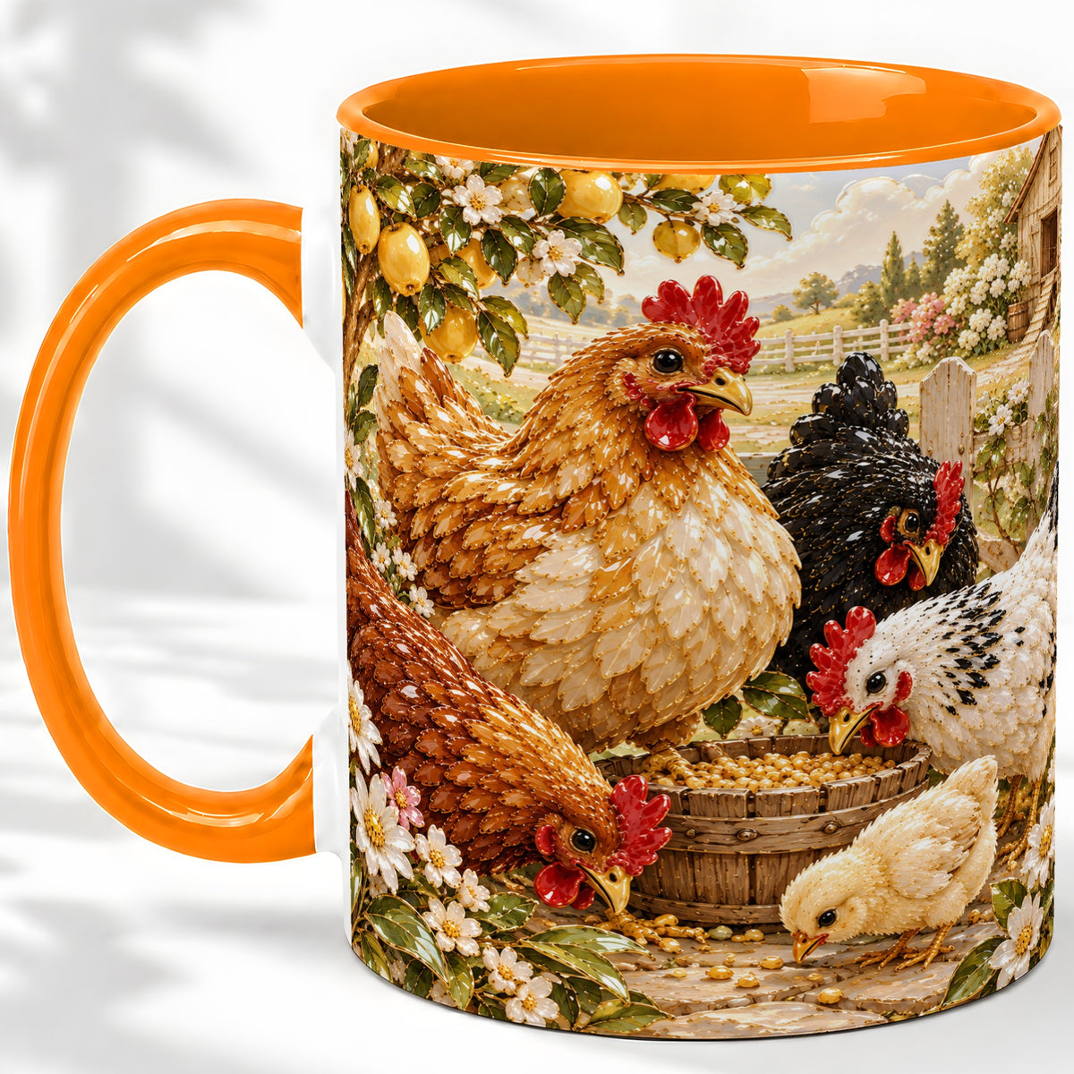#pl[11oz|Orange] Farm Chicken Accent Mug, Hen Chick Floral Country Farm Artwork