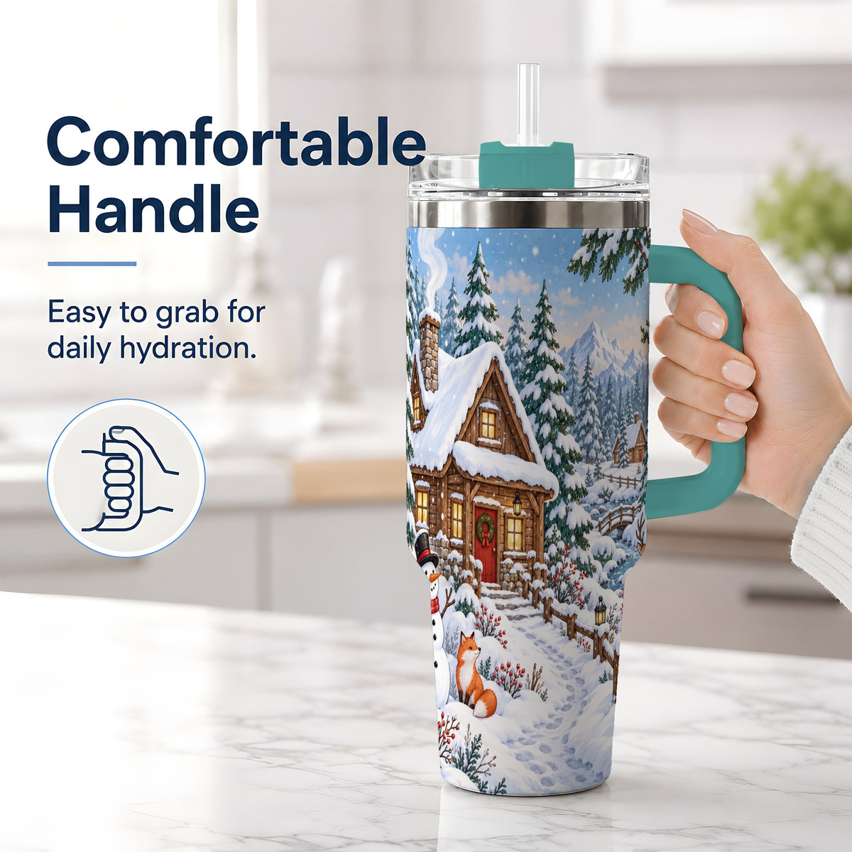 #pl[40oz|Green] Snowy Cabin Tumbler, 40oz Tumbler with Snowman and Forest Artwork