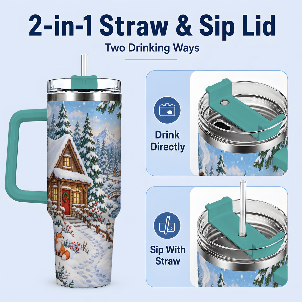 #pl[40oz|Green] Snowy Cabin Tumbler, 40oz Tumbler with Snowman and Forest Artwork