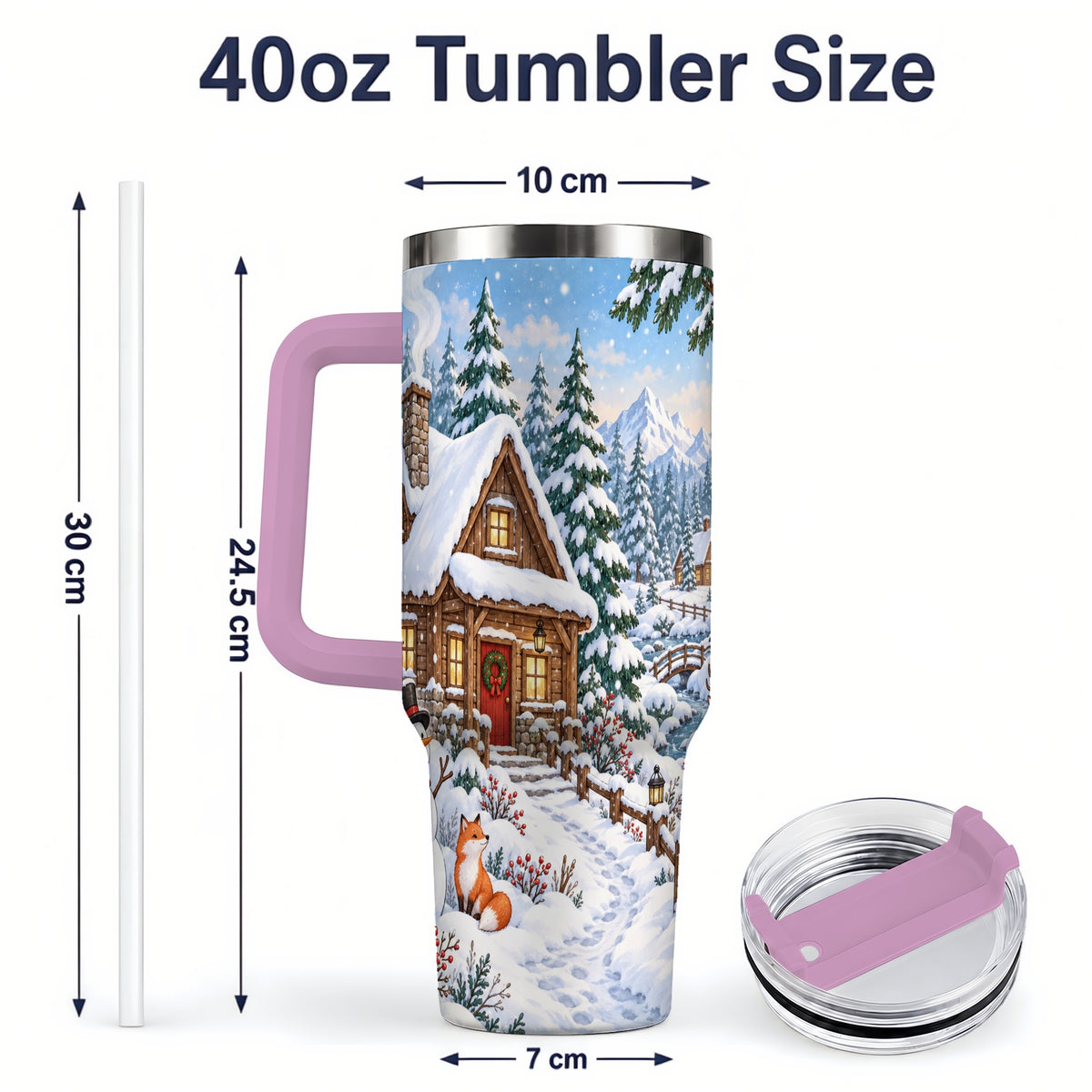 #pl[40oz|Pink] Snowy Cabin Tumbler, 40oz Tumbler with Snowman and Forest Artwork