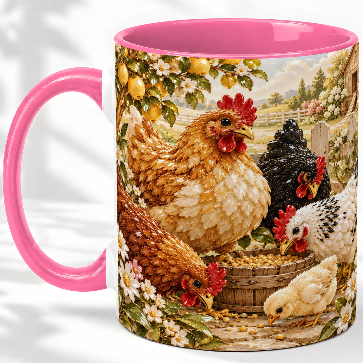 #pl[11oz|Pink] Farm Chicken Accent Mug, Hen Chick Floral Country Farm Artwork