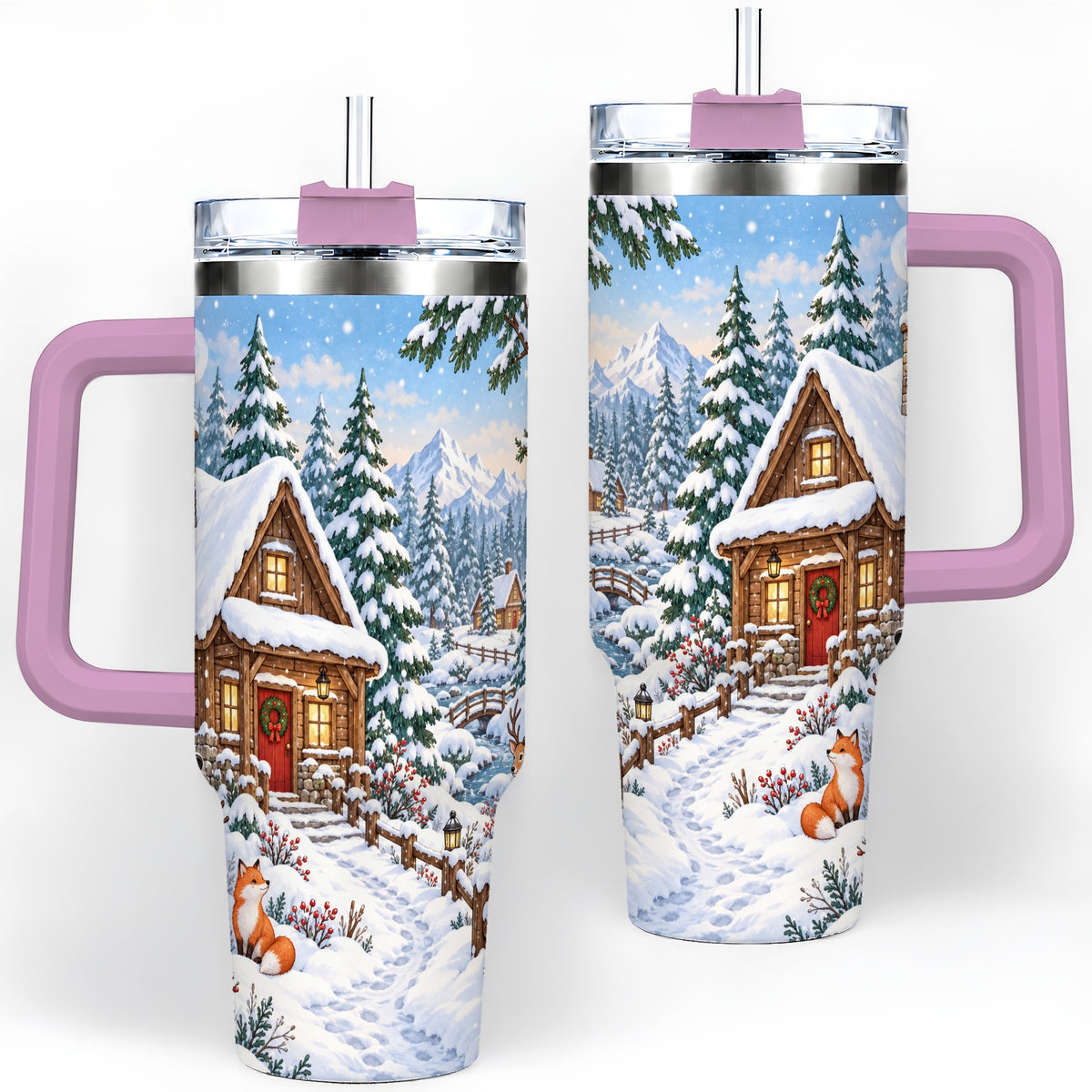 #pl[40oz|Pink] Snowy Cabin Tumbler, 40oz Tumbler with Snowman and Forest Artwork
