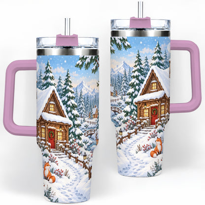 #pl[40oz|Pink] Snowy Cabin Tumbler, 40oz Tumbler with Snowman and Forest Artwork