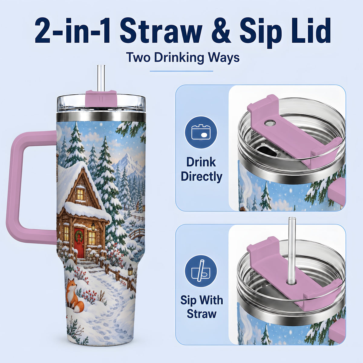 #pl[40oz|Pink] Snowy Cabin Tumbler, 40oz Tumbler with Snowman and Forest Artwork