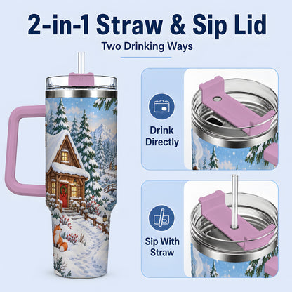 #pl[40oz|Pink] Snowy Cabin Tumbler, 40oz Tumbler with Snowman and Forest Artwork