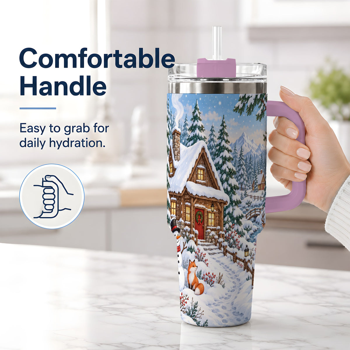 #pl[40oz|Pink] Snowy Cabin Tumbler, 40oz Tumbler with Snowman and Forest Artwork