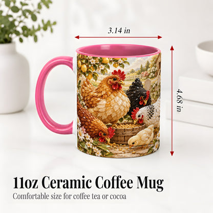#pl[11oz|Pink] Farm Chicken Accent Mug, Hen Chick Floral Country Farm Artwork