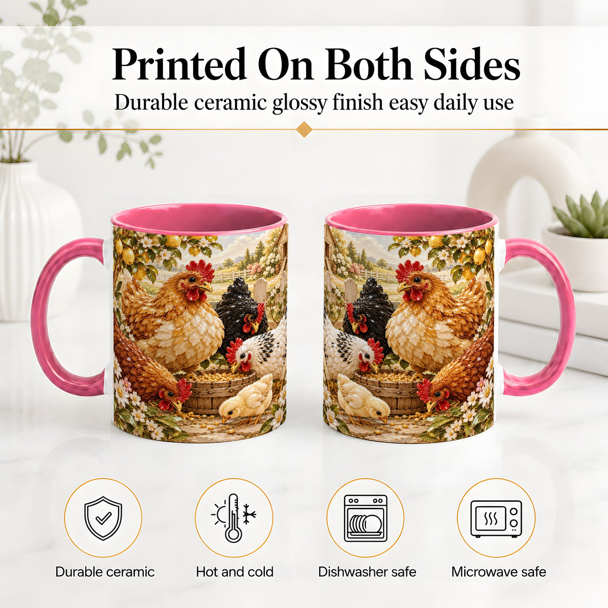 #pl[11oz|Pink] Farm Chicken Accent Mug, Hen Chick Floral Country Farm Artwork
