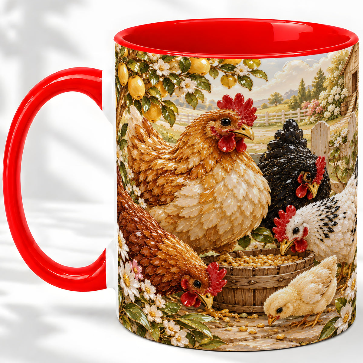 Farm Chicken Accent Mug, Hen Chick Floral Country Farm Artwork