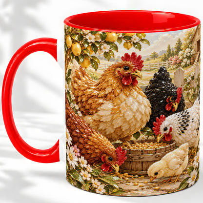 Farm Chicken Accent Mug, Hen Chick Floral Country Farm Artwork