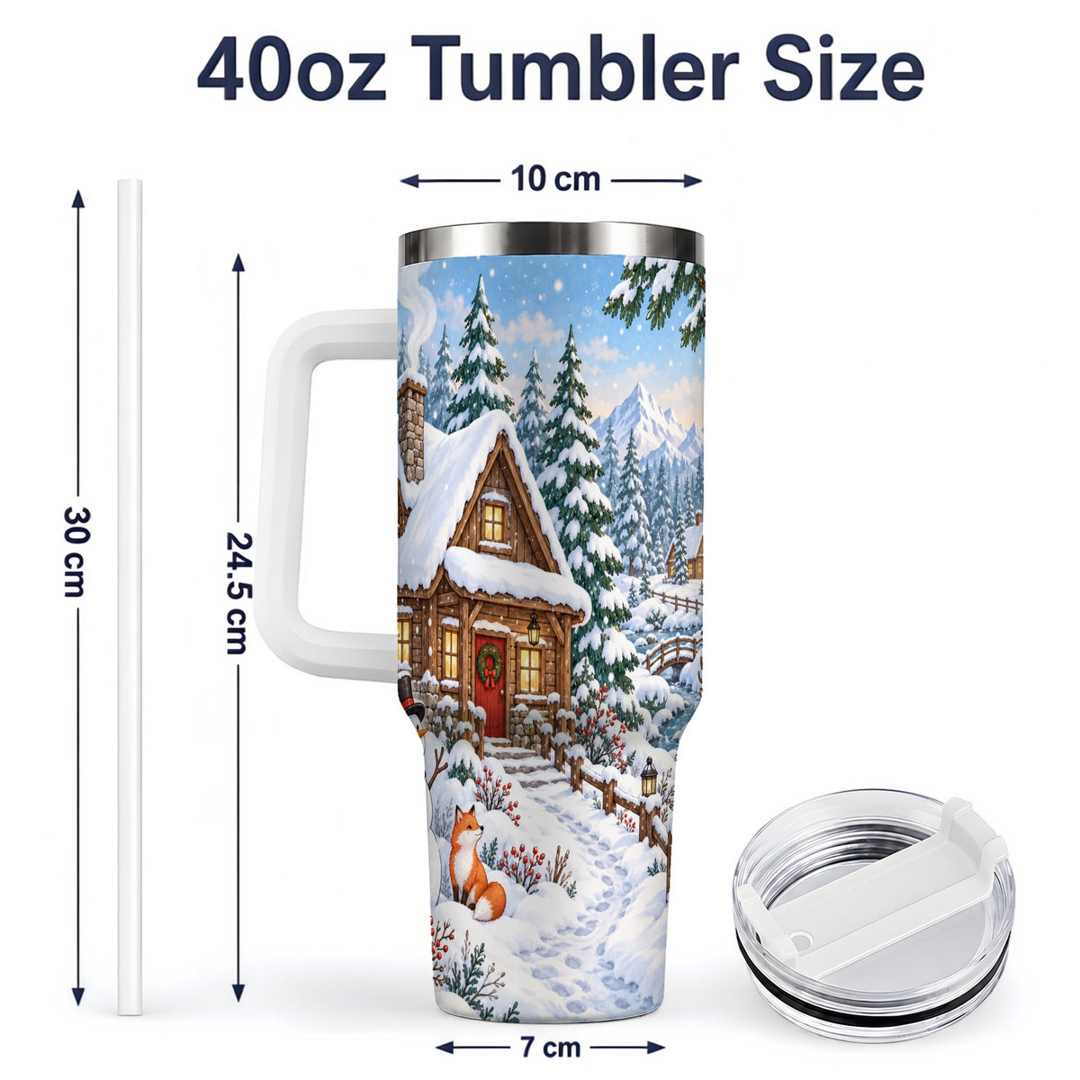 #pl[40oz|White] Snowy Cabin Tumbler, 40oz Tumbler with Snowman and Forest Artwork
