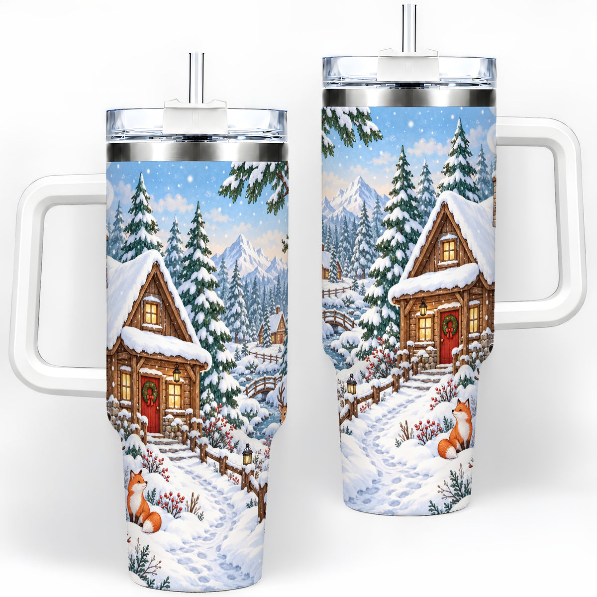 Snowy Cabin Tumbler, 40oz Tumbler with Snowman and Forest Artwork