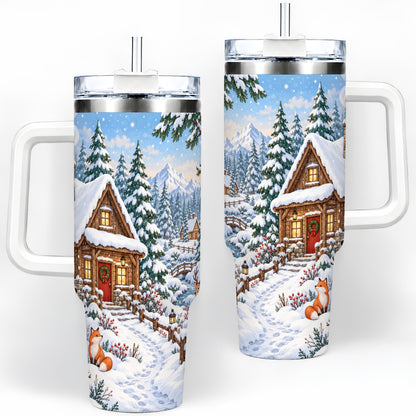 Snowy Cabin Tumbler, 40oz Tumbler with Snowman and Forest Artwork