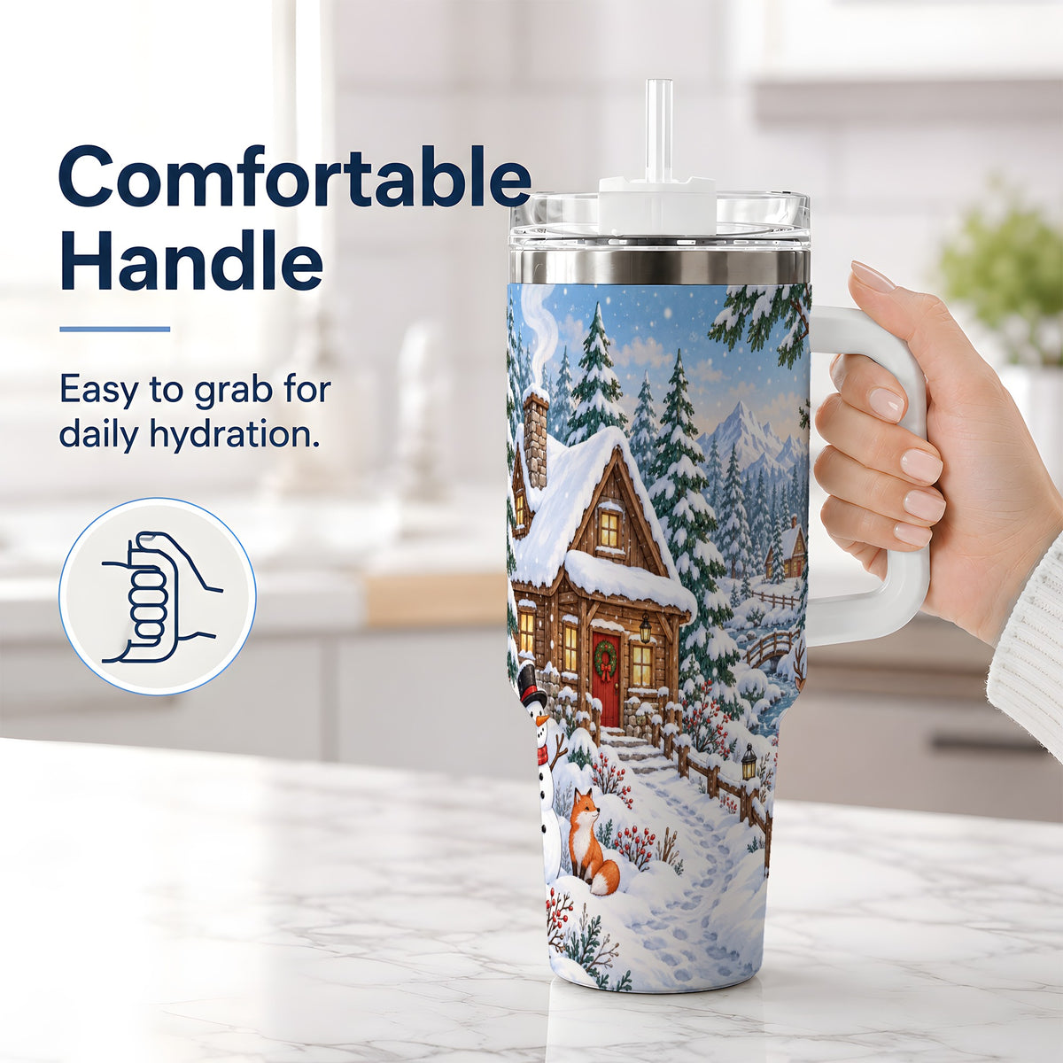 #pl[40oz|White] Snowy Cabin Tumbler, 40oz Tumbler with Snowman and Forest Artwork