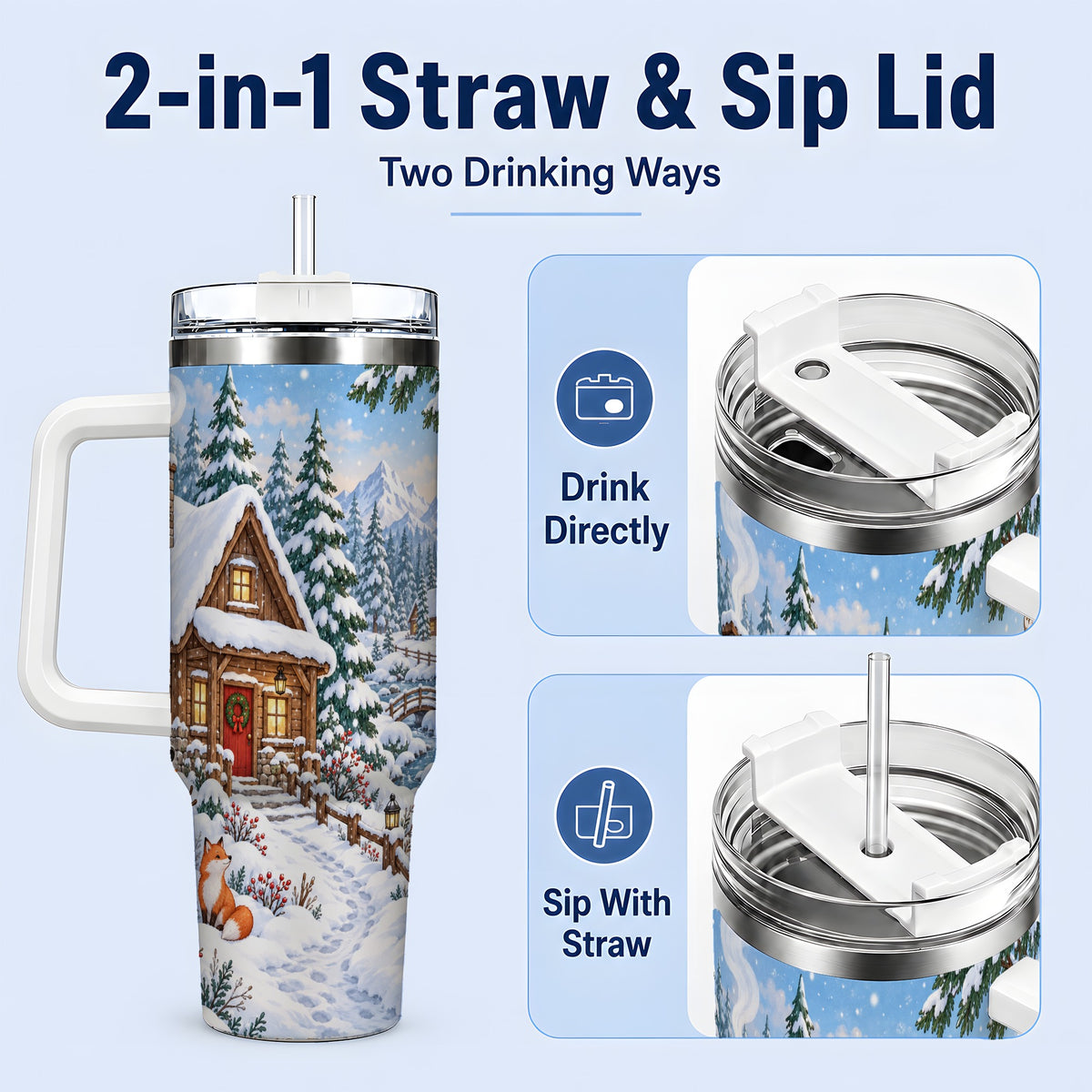 #pl[40oz|White] Snowy Cabin Tumbler, 40oz Tumbler with Snowman and Forest Artwork