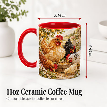 #pl[11oz|Red] Farm Chicken Accent Mug, Hen Chick Floral Country Farm Artwork