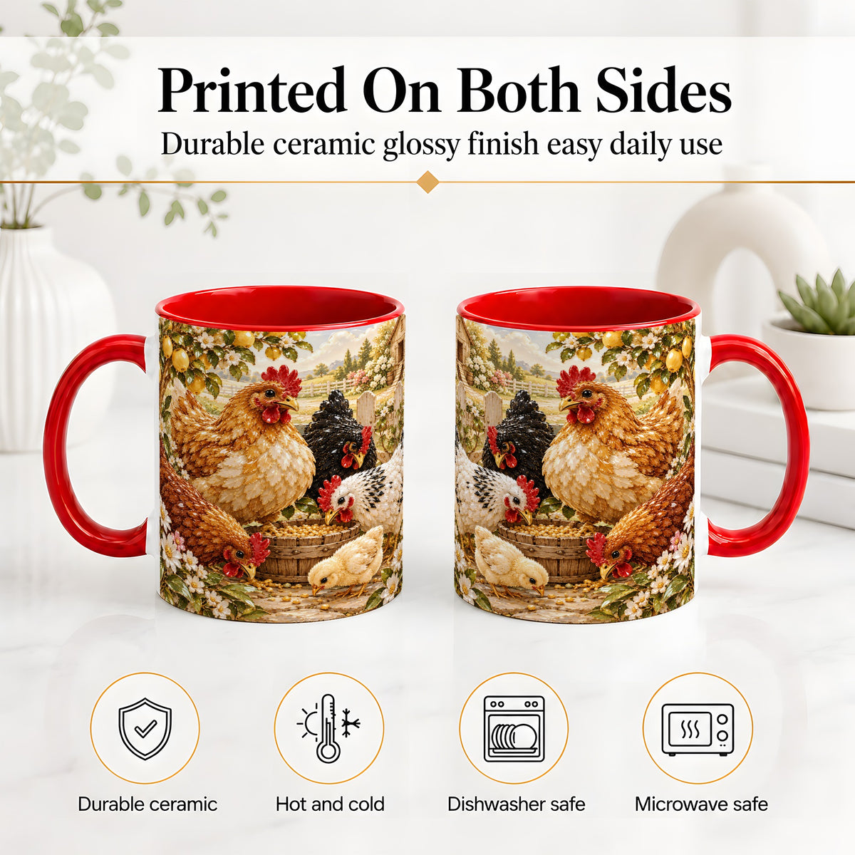 #pl[11oz|Red] Farm Chicken Accent Mug, Hen Chick Floral Country Farm Artwork