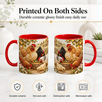 #pl[11oz|Red] Farm Chicken Accent Mug, Hen Chick Floral Country Farm Artwork