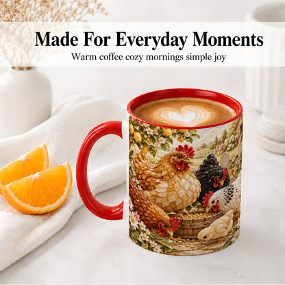 #pl[11oz|Red] Farm Chicken Accent Mug, Hen Chick Floral Country Farm Artwork