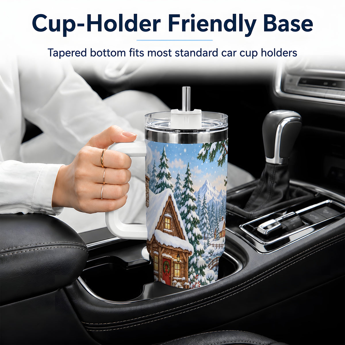 #pl[40oz|White] Snowy Cabin Tumbler, 40oz Tumbler with Snowman and Forest Artwork
