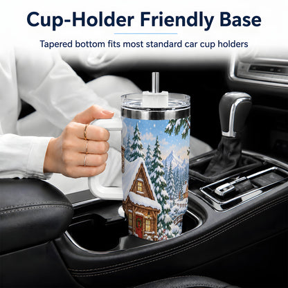 #pl[40oz|White] Snowy Cabin Tumbler, 40oz Tumbler with Snowman and Forest Artwork