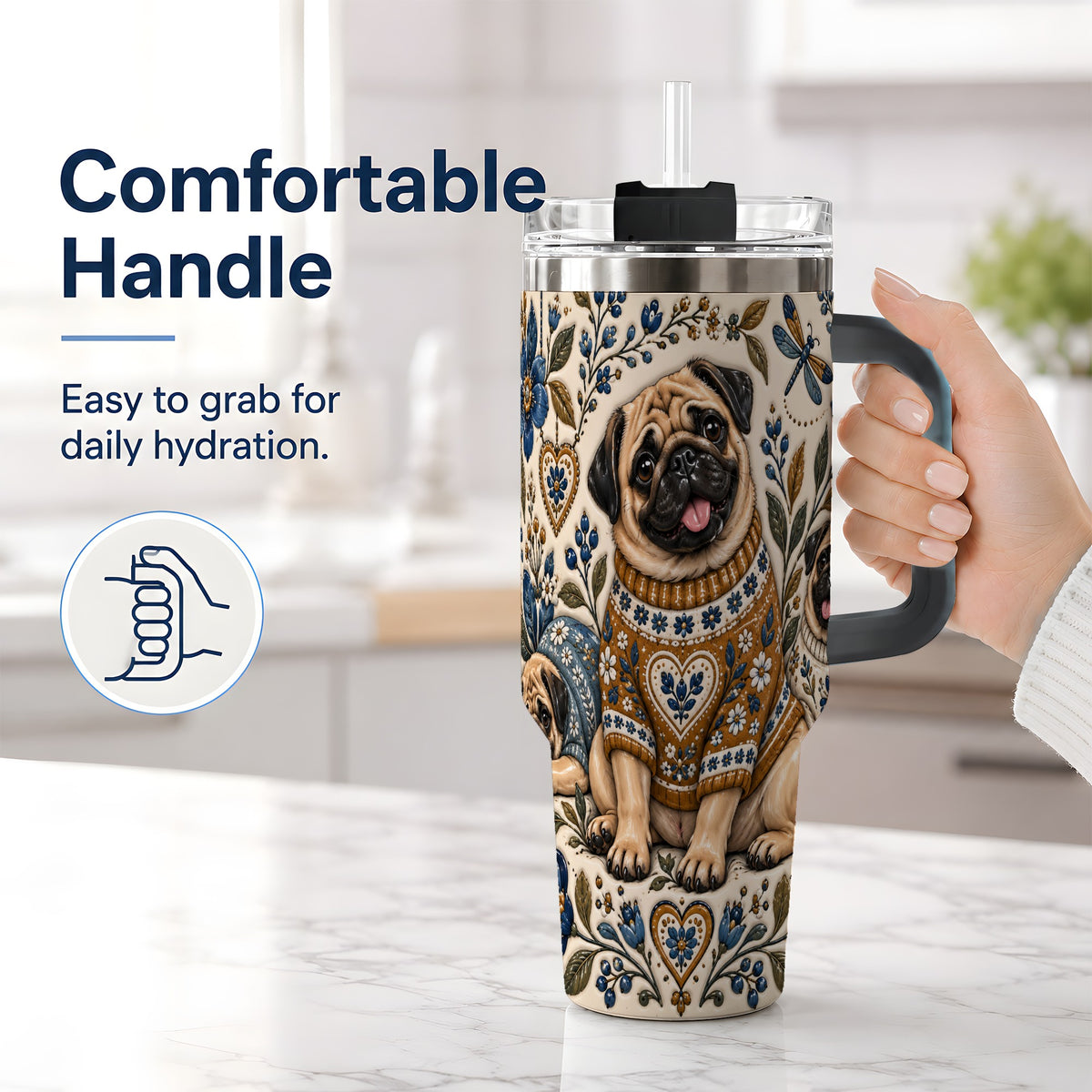 #pl[40oz|Black] Pug Floral Tumbler, 40oz Tumbler with Folk Flower Sweater Artwork