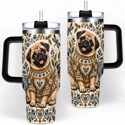 #pl[40oz|Black] Pug Floral Tumbler, 40oz Tumbler with Folk Flower Sweater Artwork