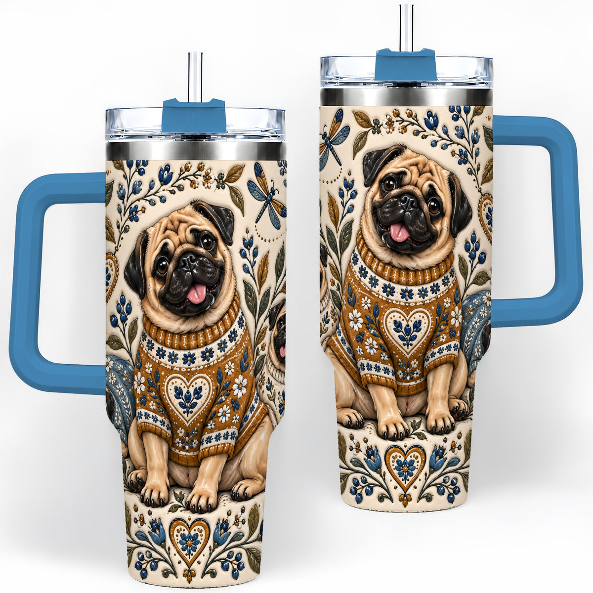 #pl[40oz|Blue] Pug Floral Tumbler, 40oz Tumbler with Folk Flower Sweater Artwork