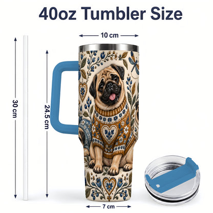 #pl[40oz|Blue] Pug Floral Tumbler, 40oz Tumbler with Folk Flower Sweater Artwork