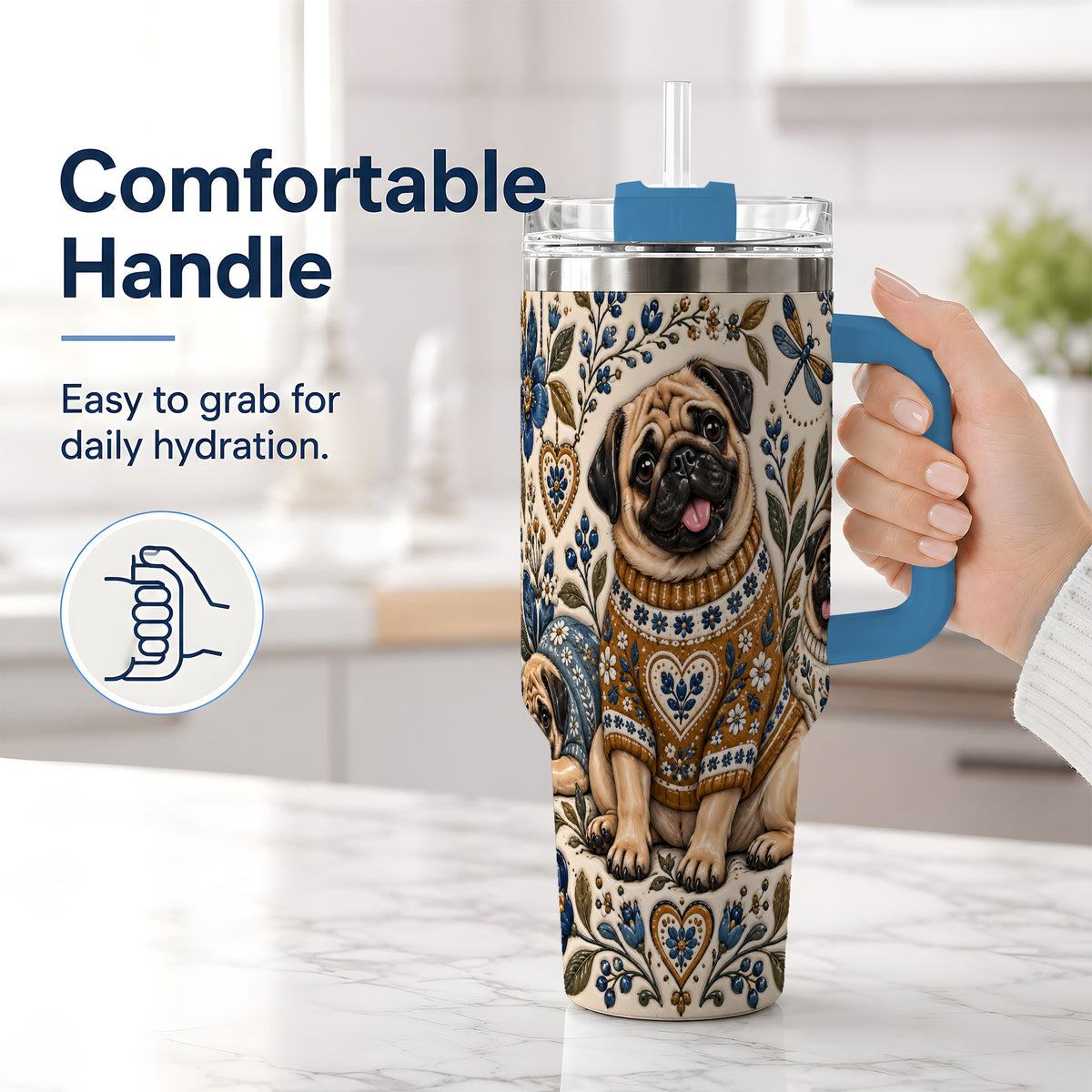 #pl[40oz|Blue] Pug Floral Tumbler, 40oz Tumbler with Folk Flower Sweater Artwork