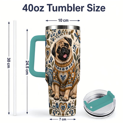 #pl[40oz|Green] Pug Floral Tumbler, 40oz Tumbler with Folk Flower Sweater Artwork