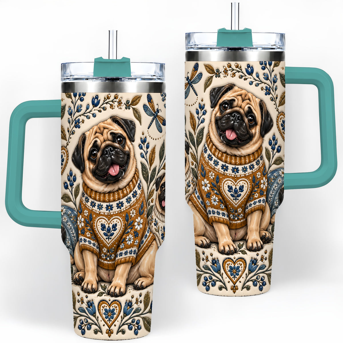 #pl[40oz|Green] Pug Floral Tumbler, 40oz Tumbler with Folk Flower Sweater Artwork