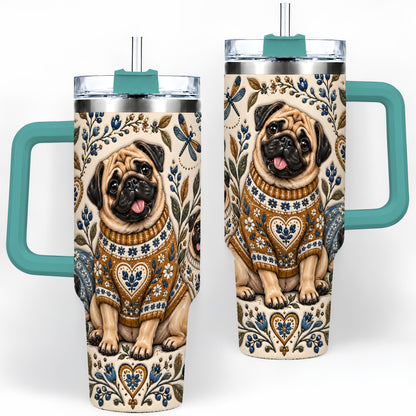 #pl[40oz|Green] Pug Floral Tumbler, 40oz Tumbler with Folk Flower Sweater Artwork