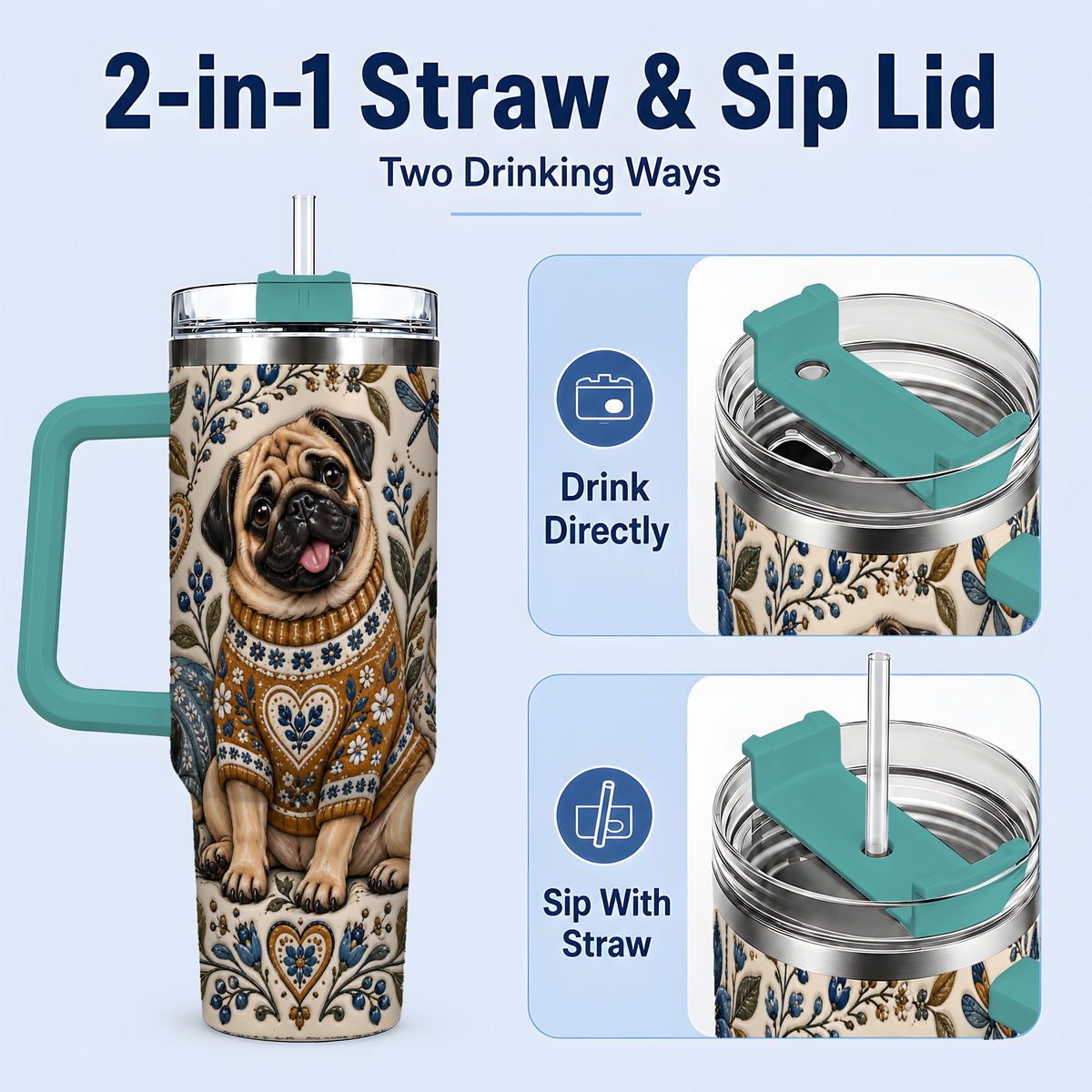 #pl[40oz|Green] Pug Floral Tumbler, 40oz Tumbler with Folk Flower Sweater Artwork