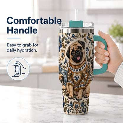 #pl[40oz|Green] Pug Floral Tumbler, 40oz Tumbler with Folk Flower Sweater Artwork