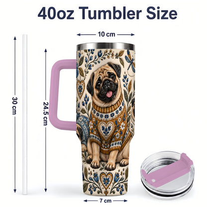 #pl[40oz|Pink] Pug Floral Tumbler, 40oz Tumbler with Folk Flower Sweater Artwork