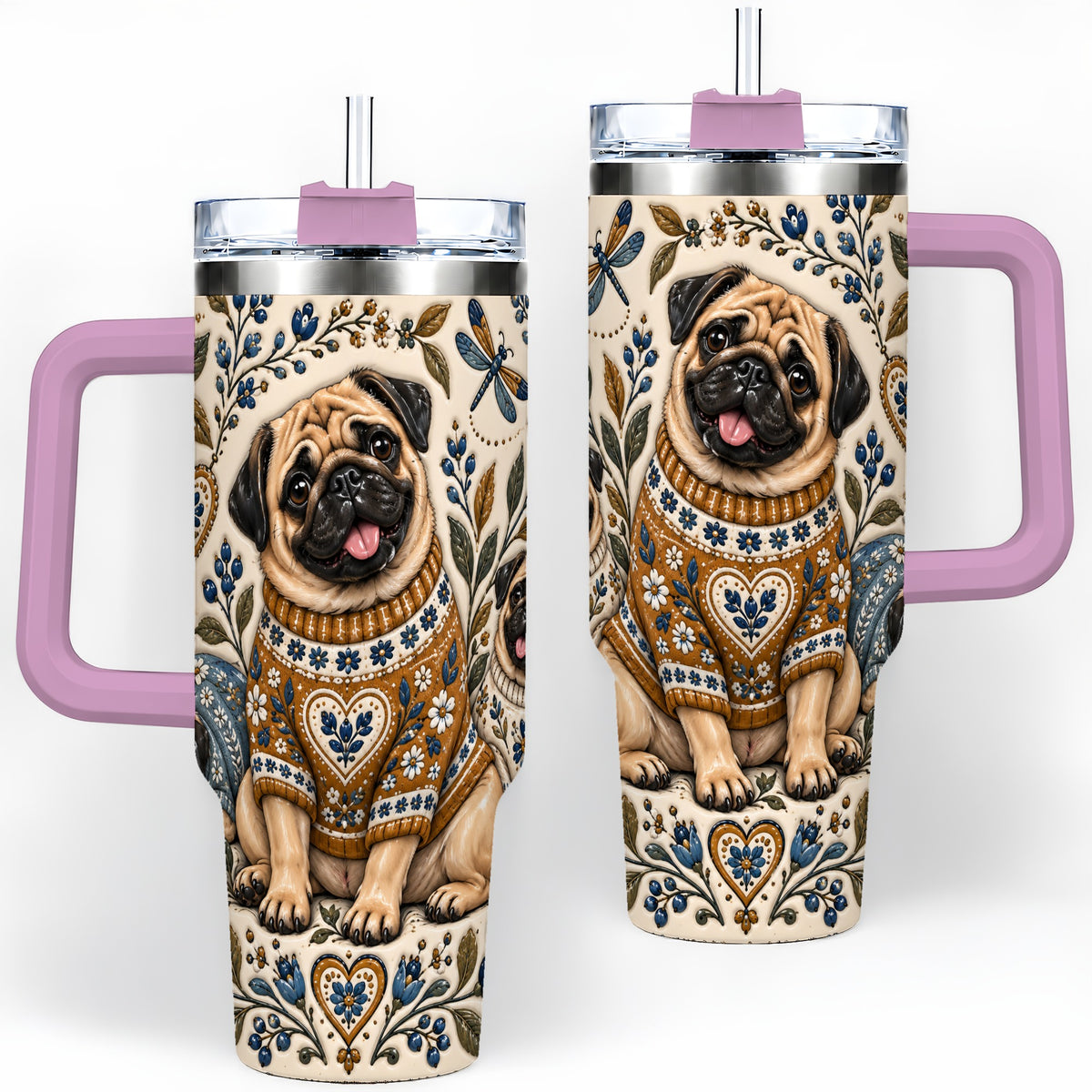 #pl[40oz|Pink] Pug Floral Tumbler, 40oz Tumbler with Folk Flower Sweater Artwork