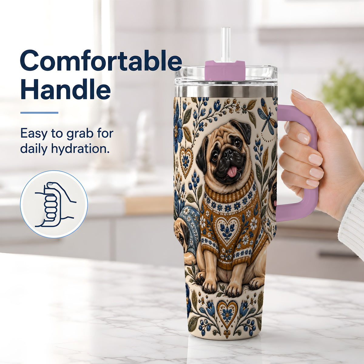 #pl[40oz|Pink] Pug Floral Tumbler, 40oz Tumbler with Folk Flower Sweater Artwork