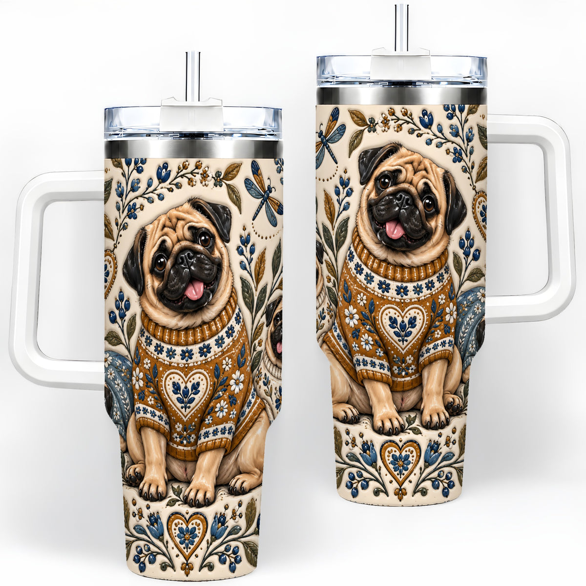 Pug Floral Tumbler, 40oz Tumbler with Folk Flower Sweater Artwork