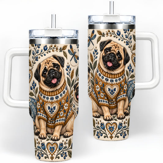 Pug Floral Tumbler, 40oz Tumbler with Folk Flower Sweater Artwork