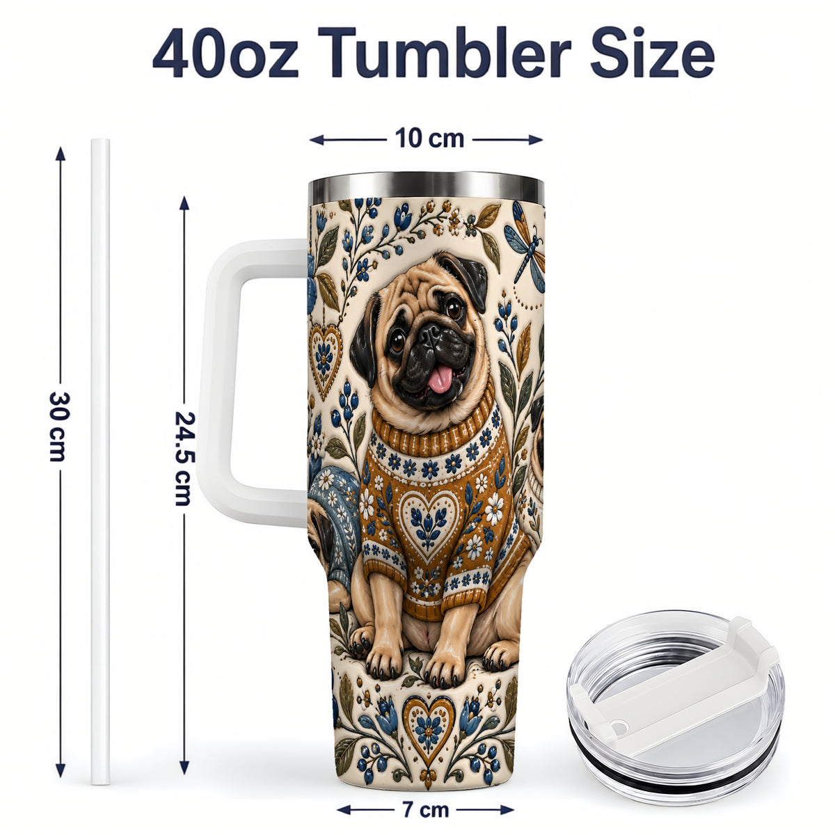 #pl[40oz|White] Pug Floral Tumbler, 40oz Tumbler with Folk Flower Sweater Artwork