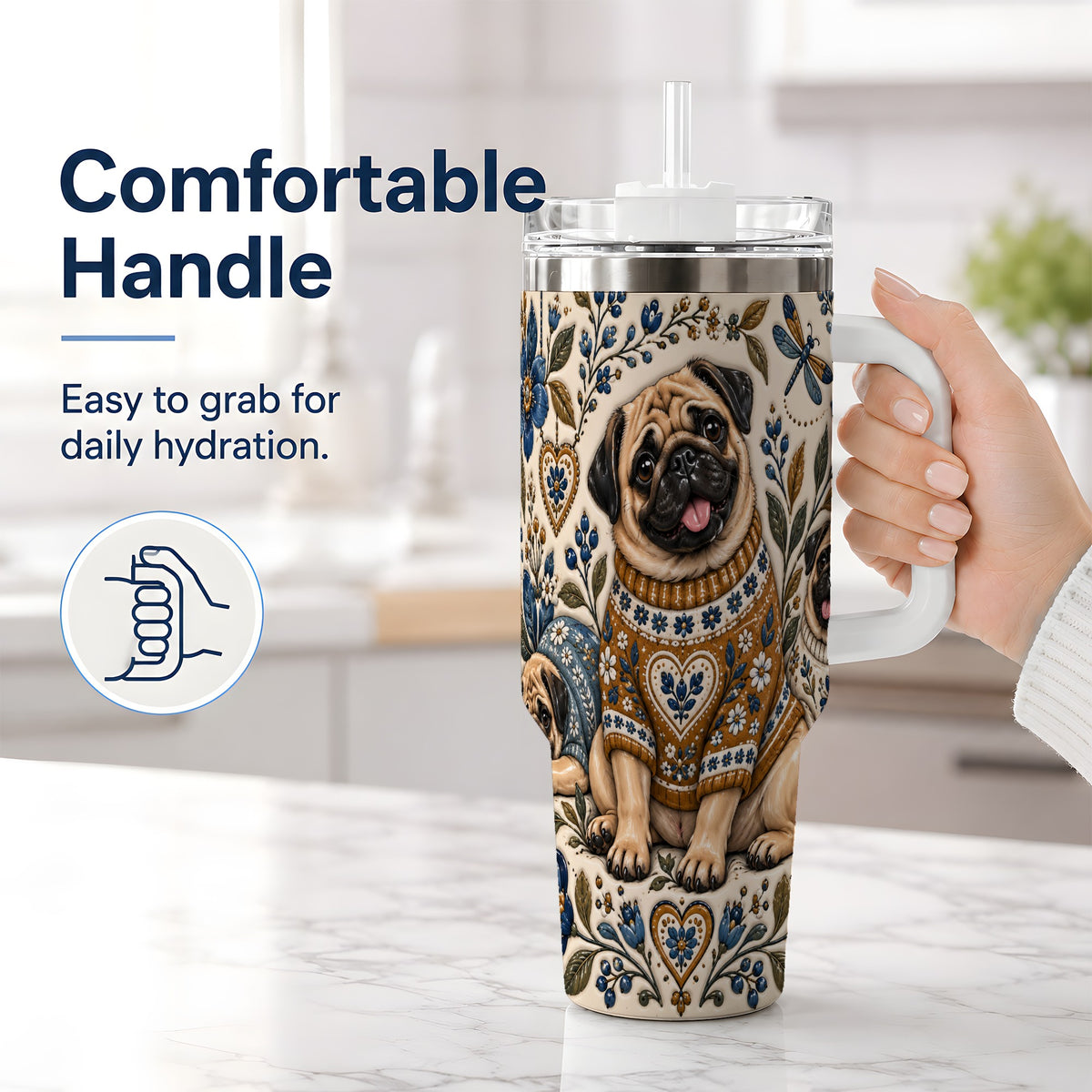 #pl[40oz|White] Pug Floral Tumbler, 40oz Tumbler with Folk Flower Sweater Artwork