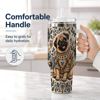 #pl[40oz|White] Pug Floral Tumbler, 40oz Tumbler with Folk Flower Sweater Artwork