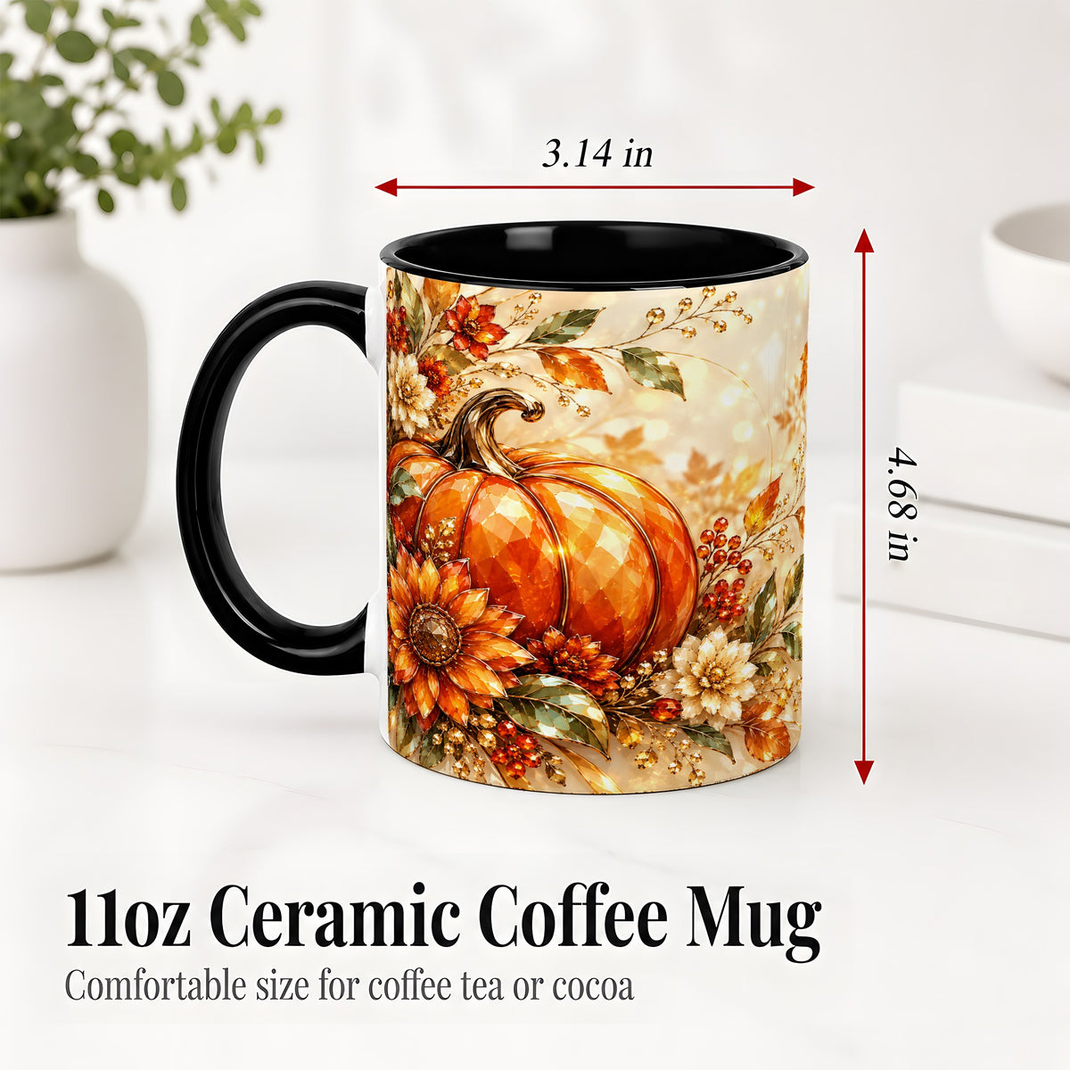 #pl[11oz|Black] Autumn Pumpkin Ceramic Mug, Floral Fall Artwork for Fall Lovers