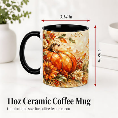 #pl[11oz|Black] Autumn Pumpkin Ceramic Mug, Floral Fall Artwork for Fall Lovers