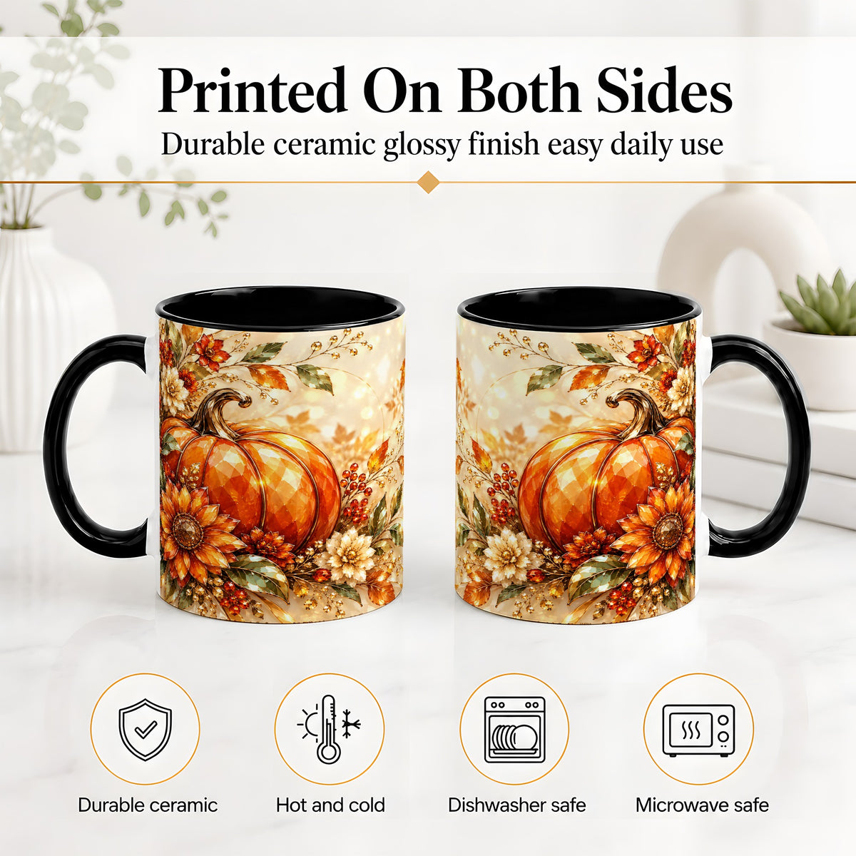 #pl[11oz|Black] Autumn Pumpkin Ceramic Mug, Floral Fall Artwork for Fall Lovers