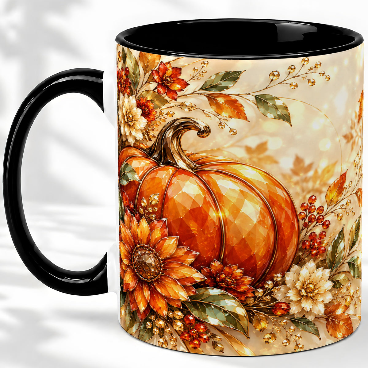 #pl[11oz|Black] Autumn Pumpkin Ceramic Mug, Floral Fall Artwork for Fall Lovers