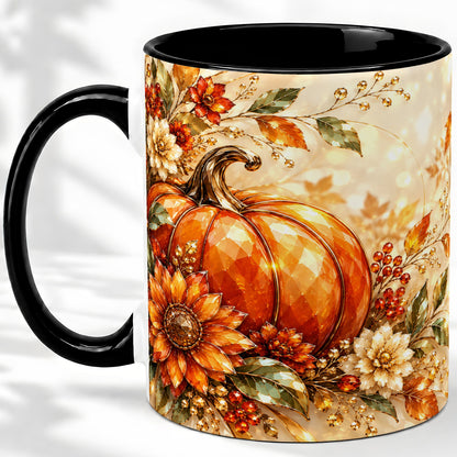 #pl[11oz|Black] Autumn Pumpkin Ceramic Mug, Floral Fall Artwork for Fall Lovers