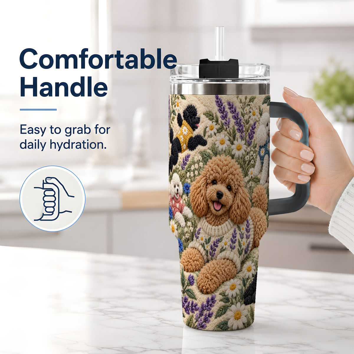 #pl[40oz|Black] Poodle Floral Tumbler, 40oz Tumbler with Lavender Meadow Artwork